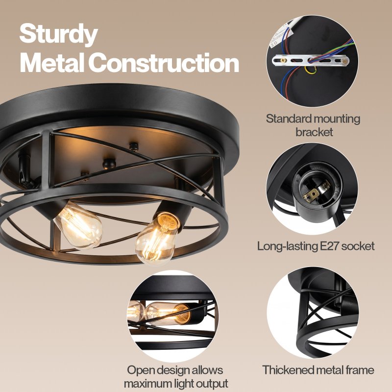 Emitto Ceiling Lights E27 Metal Cage Adjustable Heads Kitchen Fixture Black