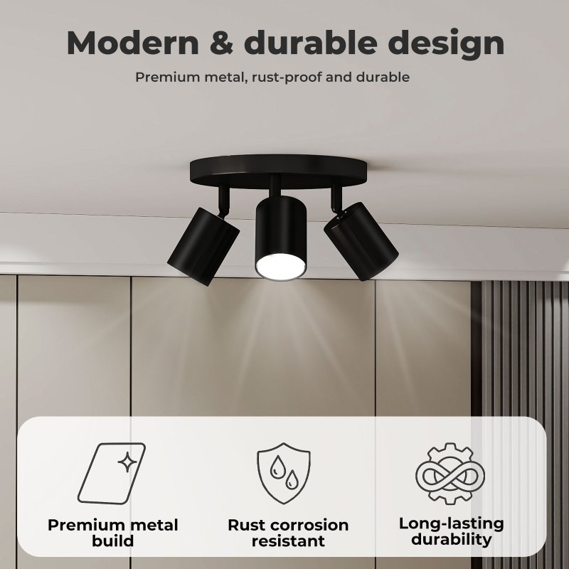 EMITTO 3-Way Spotlight Ceiling Light Adjustable GU10 Modern Black Round Base