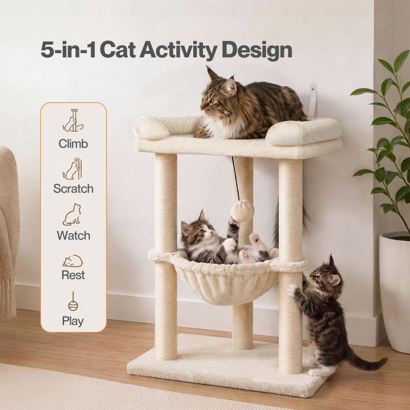 Skylos Cat Tree Tower Bed with Hammock Ball Scratching Post Large Perch Beige