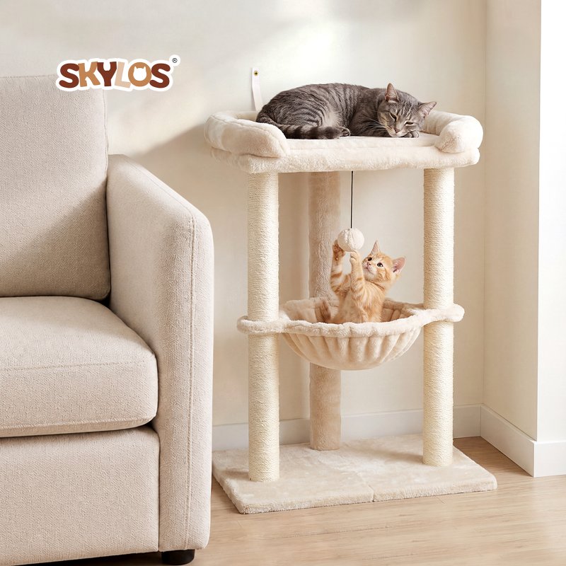 Skylos Cat Tree Tower Bed with Hammock Ball Scratching Post Large Perch Beige