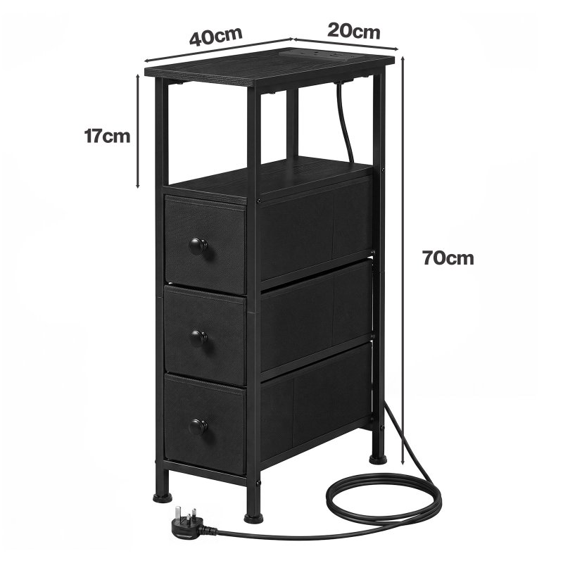 Levede Slim Bedside Table with Charging Station 3 Drawers for Bedroom Black