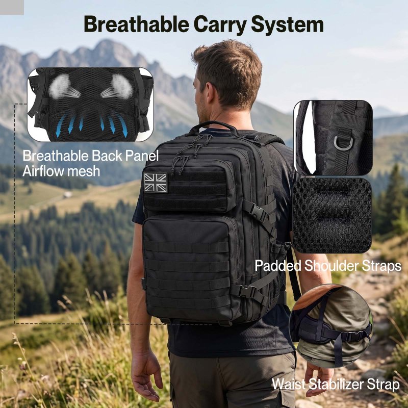 Swifto Military Backpack 45L, Tactical Backpack, 900D Oxford, Black