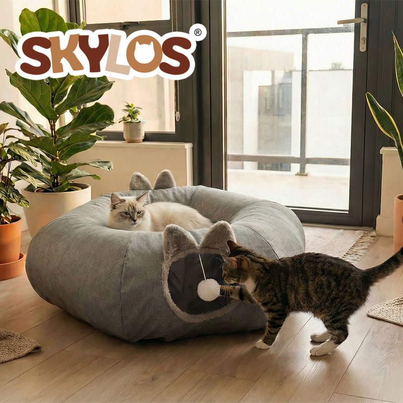 Skylos Foldable Cat Tunnel Bed Interactive Donut Toy for Indoor Cats Kittens
