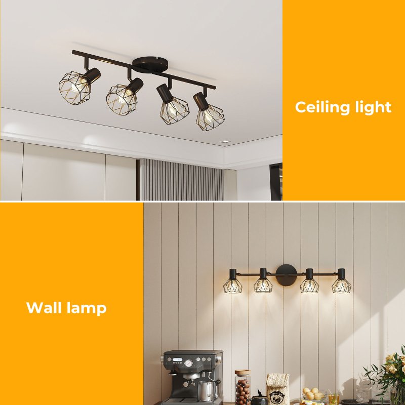 EMITTO LED Spot Ceiling Light 4-Way Adjustable Vintage Black Metal E14 Fixture