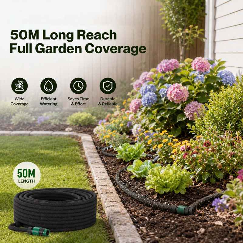 Traderight Soaker Hose 50m Drip Irrigation Deep Root Watering For Gardens Black