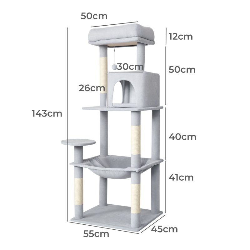 Skylos 143cm Cat Tree Multilevel Scratching Post Climbing Tower Activity Centre