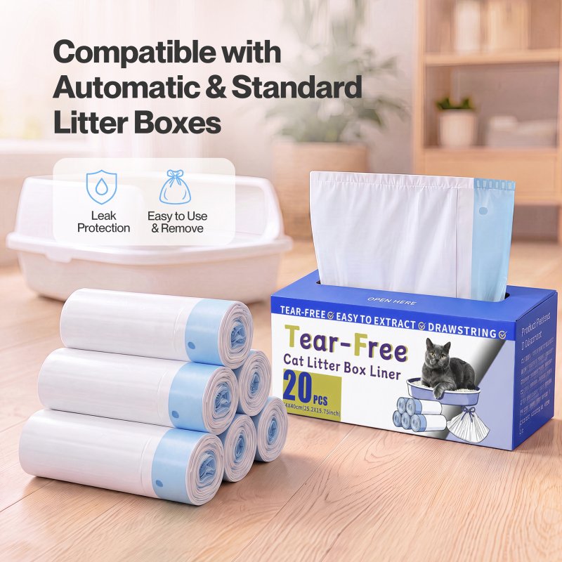 Skylos Cat Litter Bags Drawstring Tear Resistant 120 Pack Auto Litter Tray Blue