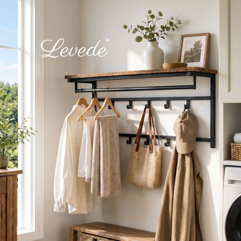 Levede Coat Rack Wall Mounted 10kg Wooden Shelf Hooks Hanger Storage Metal Brown