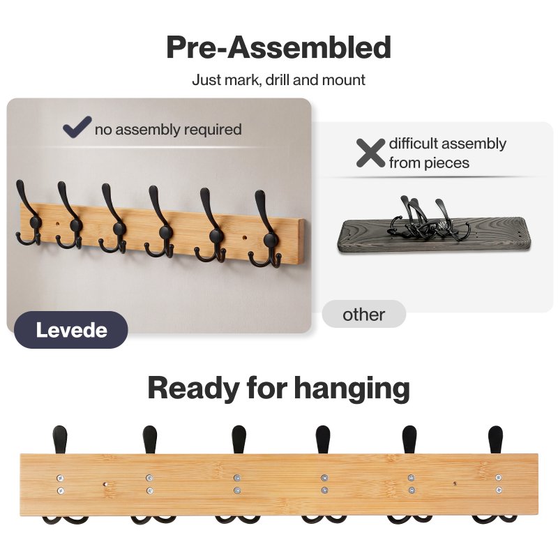 Levede Coat Rack Wall Mounted 6 Triple Hooks Holds Coats & Bags, Hallway Bamboo