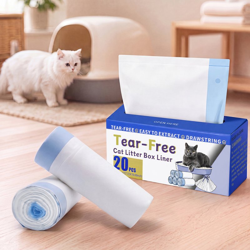 Skylos Cat Litter Bags Auto Scoop Bin Liners Heavy Duty Drawstring 40 Pack Blue