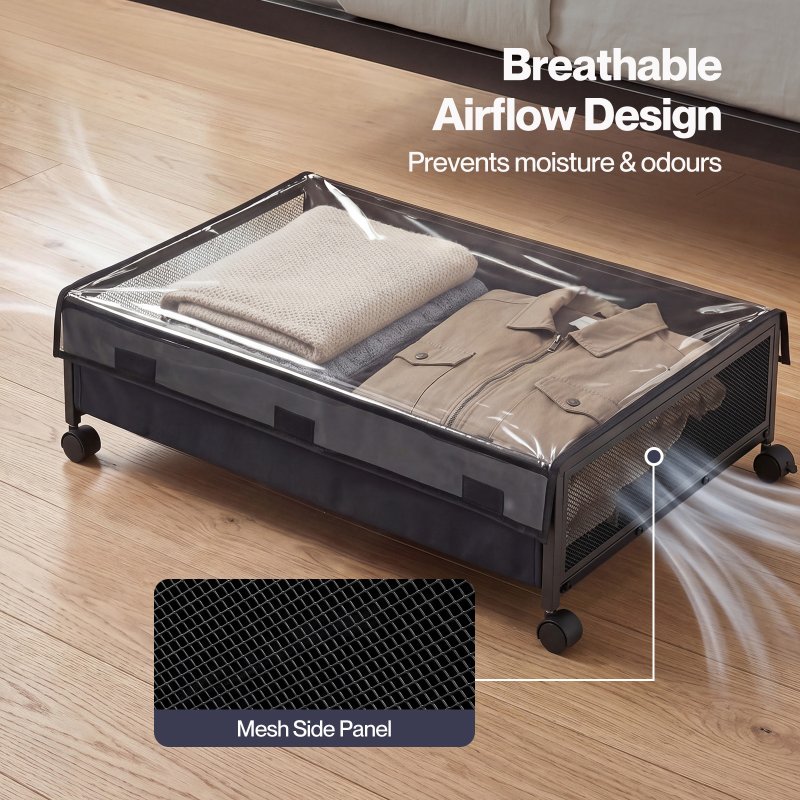 Levede Under Bed Storage Box with Lid Wheels,48L ,Metal Frame,Black
