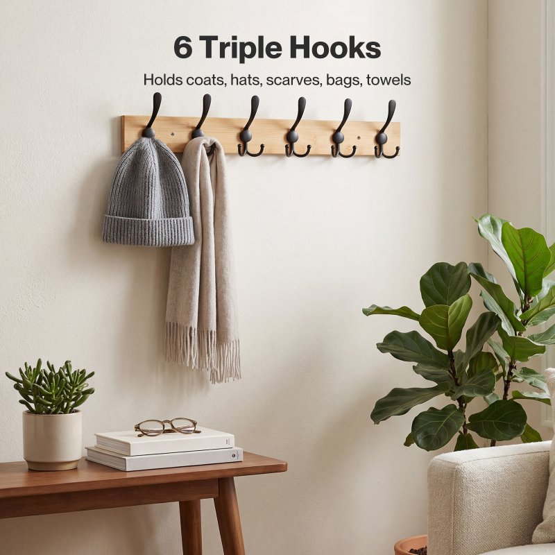 Levede Coat Rack Wall Mounted 6 Triple Hooks Holds Coats & Bags, Hallway Bamboo