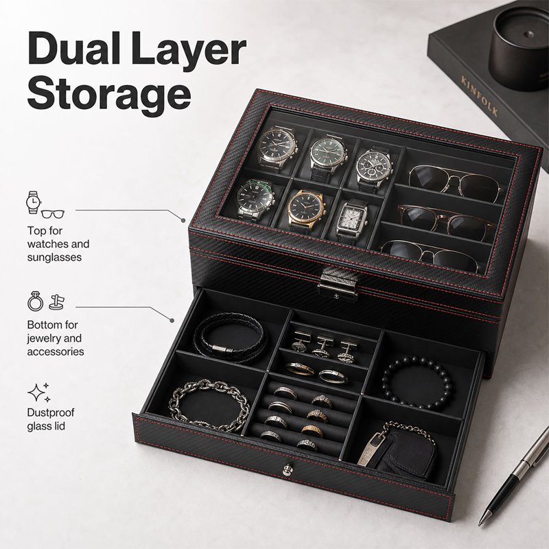Watch Box Watch Storage Jewelry Box 2 Layer Glass Lid Lockable Display Black