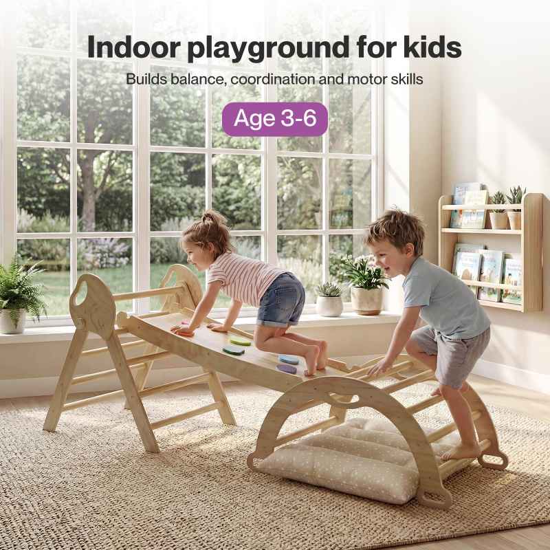 DEKKO 8 in 1 Triangle Climbing Set Kids Wooden Climber with Arch Slide Natural
