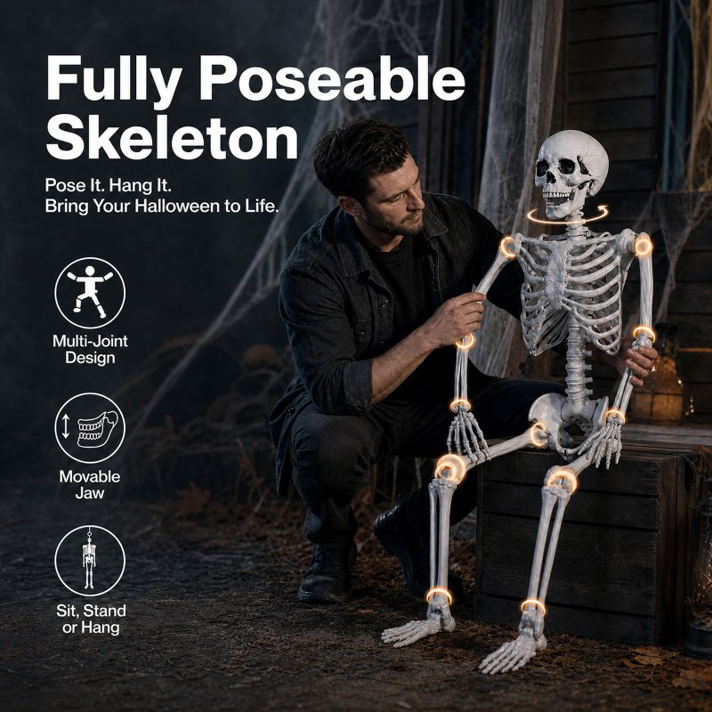Yezi Halloween Skeleton Life Size 185cm Posable Joints Haunted House Patio White