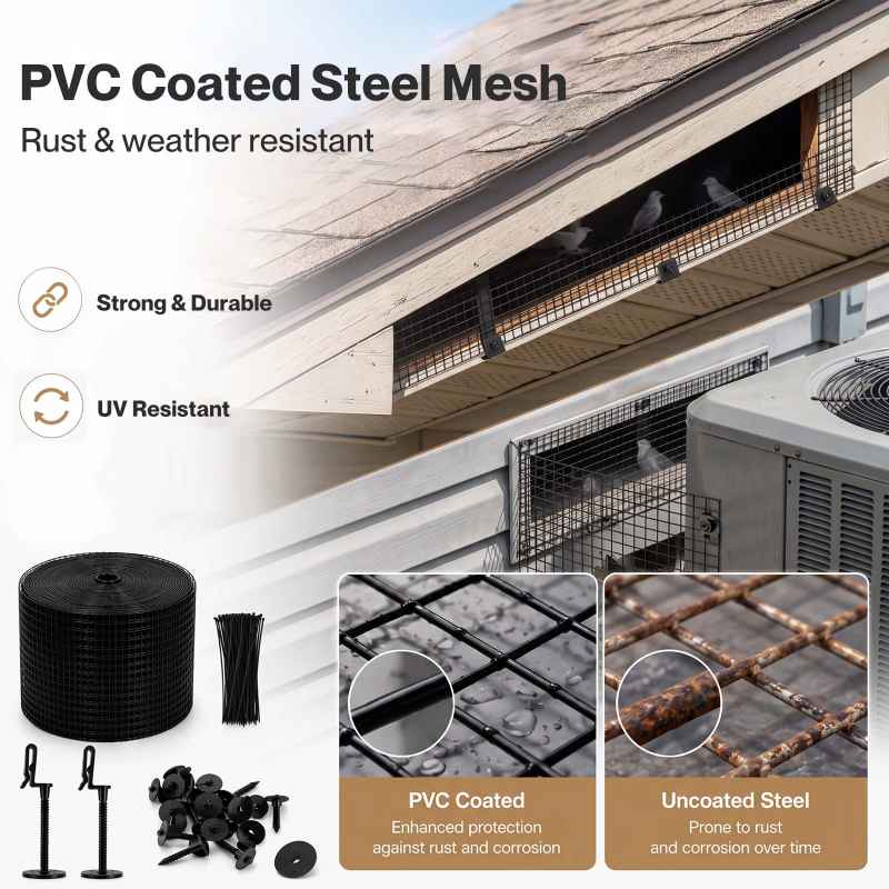 Mountview Bird Proofing Mesh Set PVC 60 Fixing Clips 30m for Solar Panel Black
