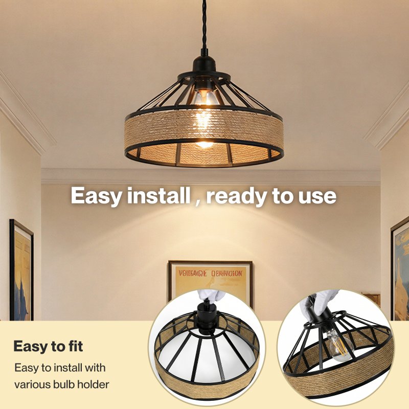 Emitto Modern Ceiling Pendant Light Shade Industrial Hemp Rope Lamp Shade 30cm