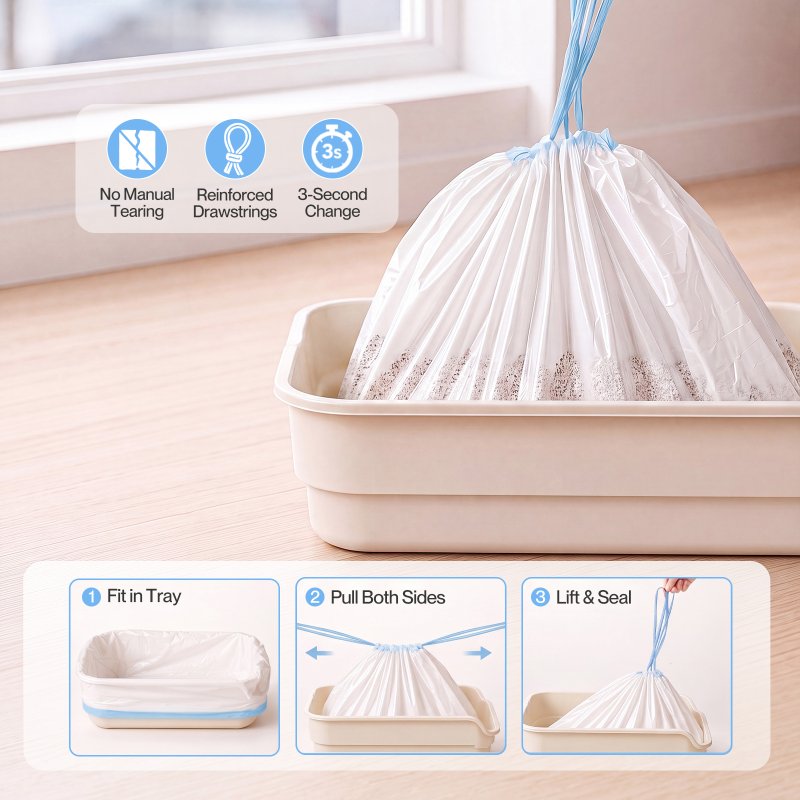 Skylos Cat Litter Bags Drawstring Tear Resistant 120 Pack Auto Litter Tray Blue