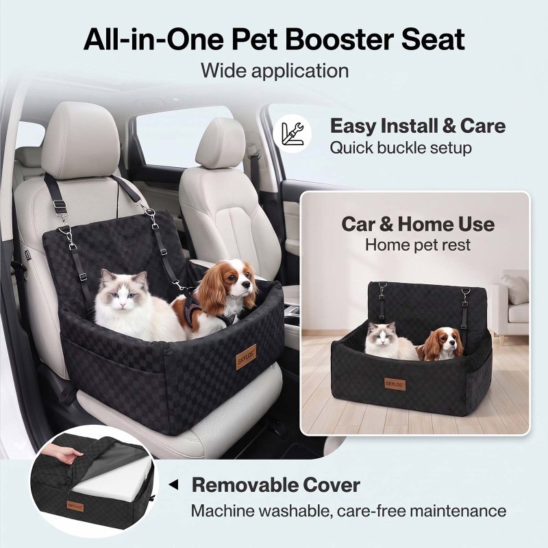 Skylos Large Dog Car Seat Booster Dual-Sided Plush Cool Bed Washable Black