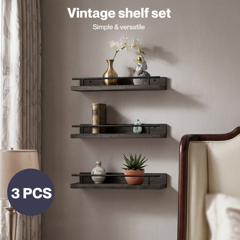 Levede Floating Shelves Set of 3 Wooden Wall Mounted Shelves Storage Black