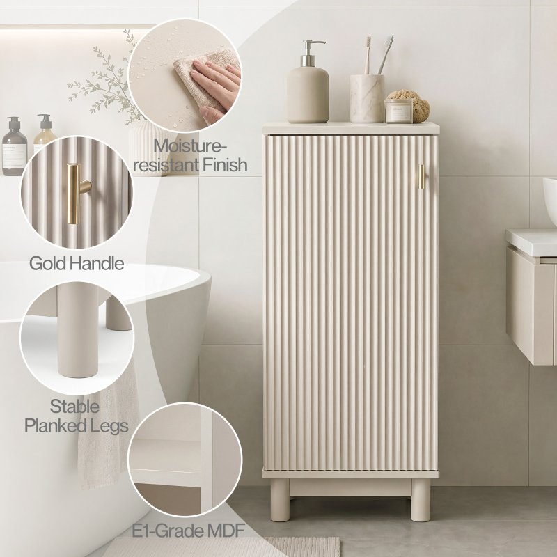 Levede Slim Bathroom Cabinet Tall Fluted Storage Cupboard Adjustable Shelf Cream
