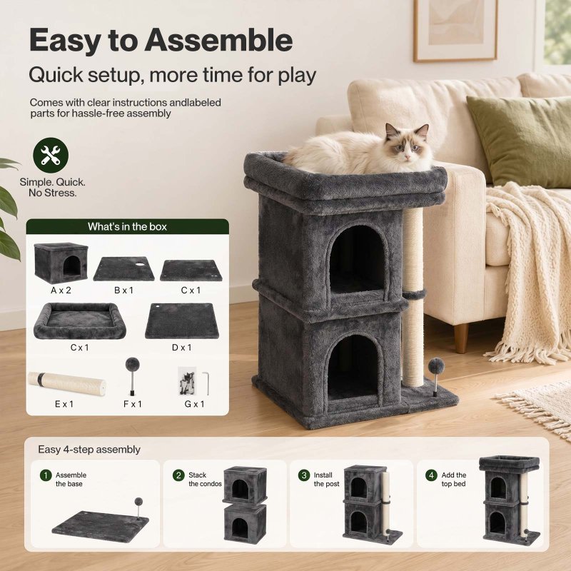 Skylos Cat Tree with Scratching Sisal Post Large Top Perch 2 Condos Dark Grey