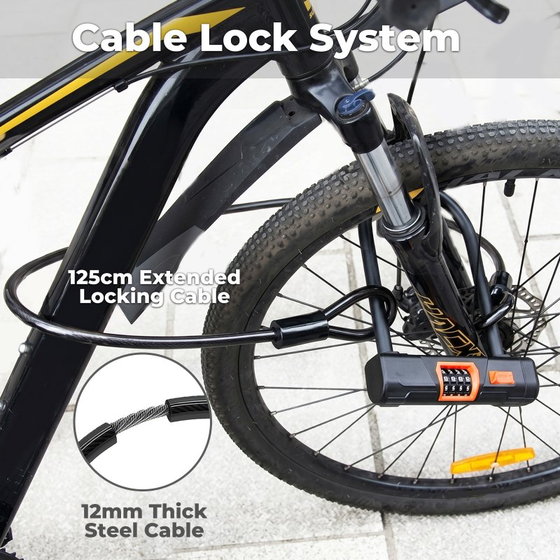 Bike Lock Combination, D Lock with Cable, 4 Digit Alloy Steel, Black Orange