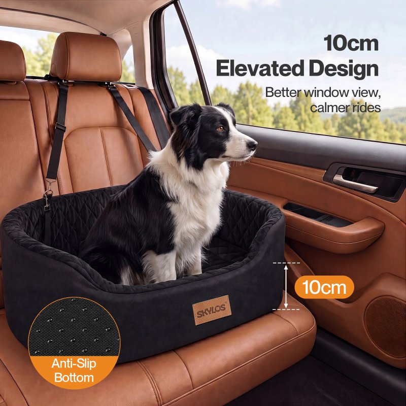 Skylos Dog Car Seat Large Booster Bed for Cars Travel SUV Black Soft Oxford