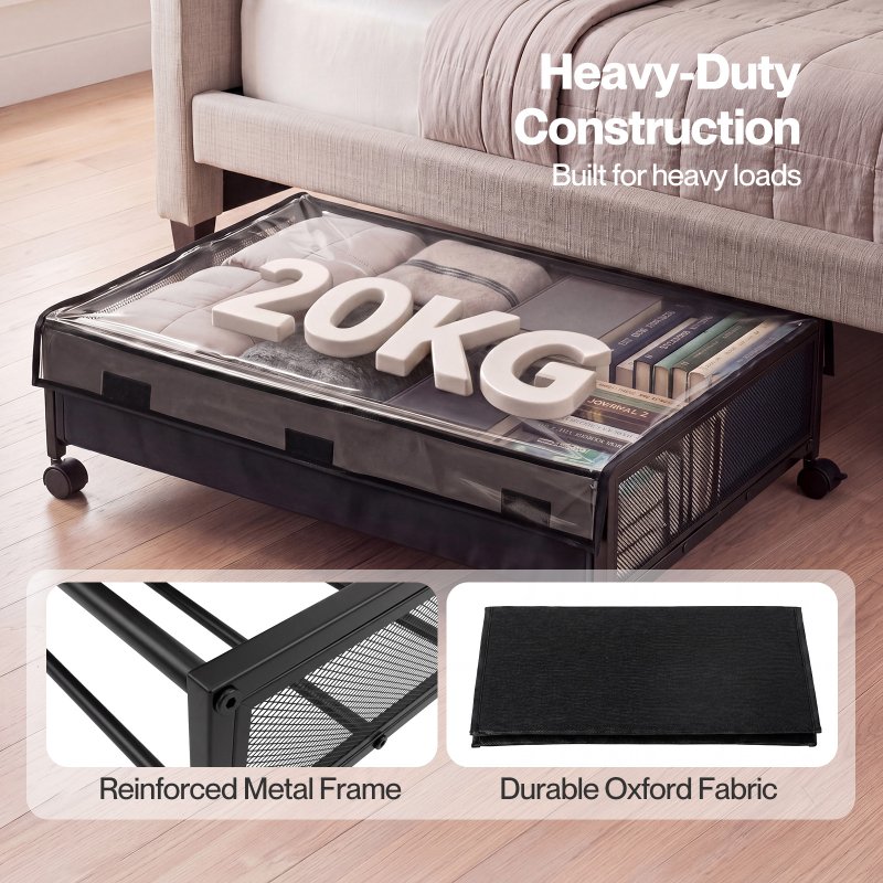 Levede Under Bed Storage Box with Lid Wheels,48L ,Metal Frame,Black