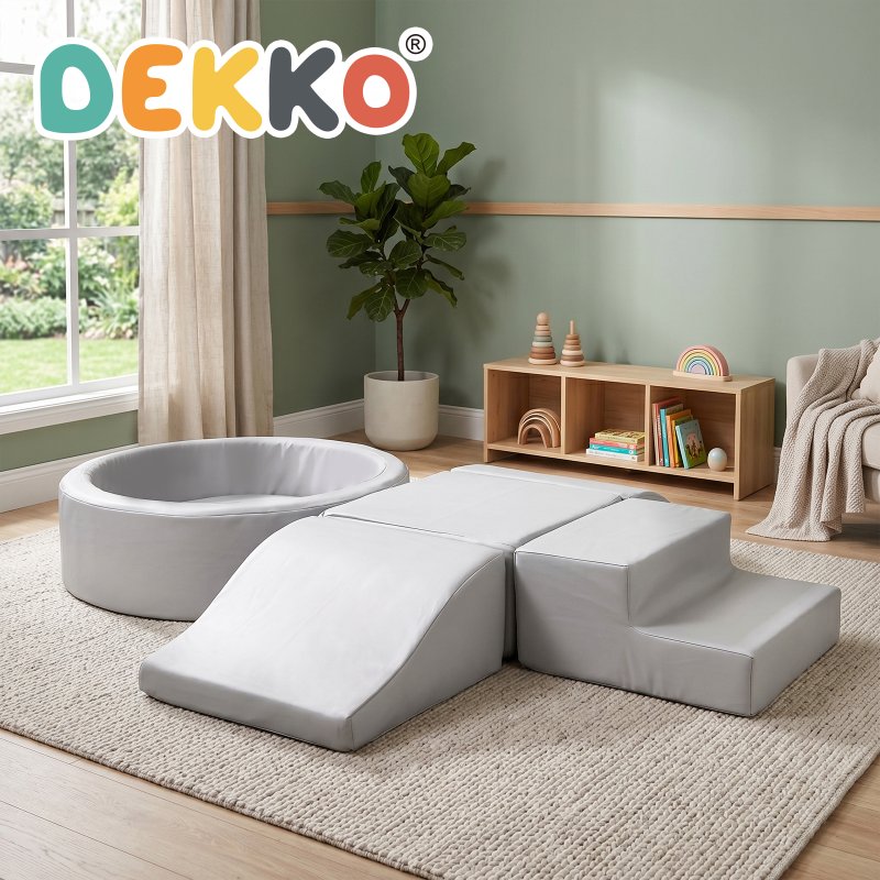Dekko Soft Play Set 5Pc PU Leather Foam Blocks Baby Climbing Sliding Indoor Grey