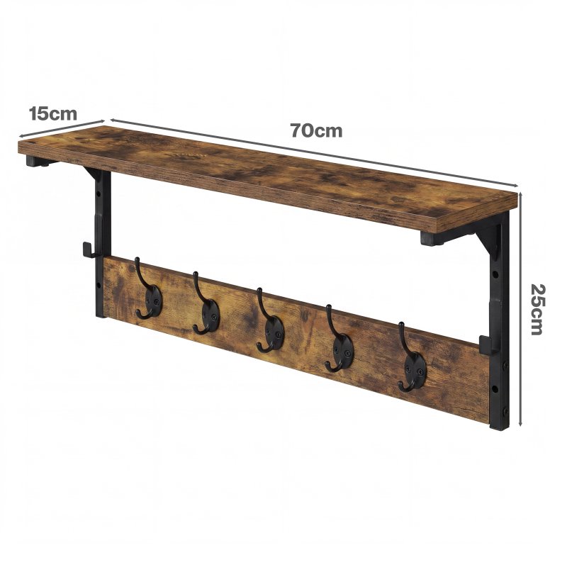 Levede Coat Rack Wall Mounted Shelf 7 Hooks Heavy Duty Entryway Storage Brown