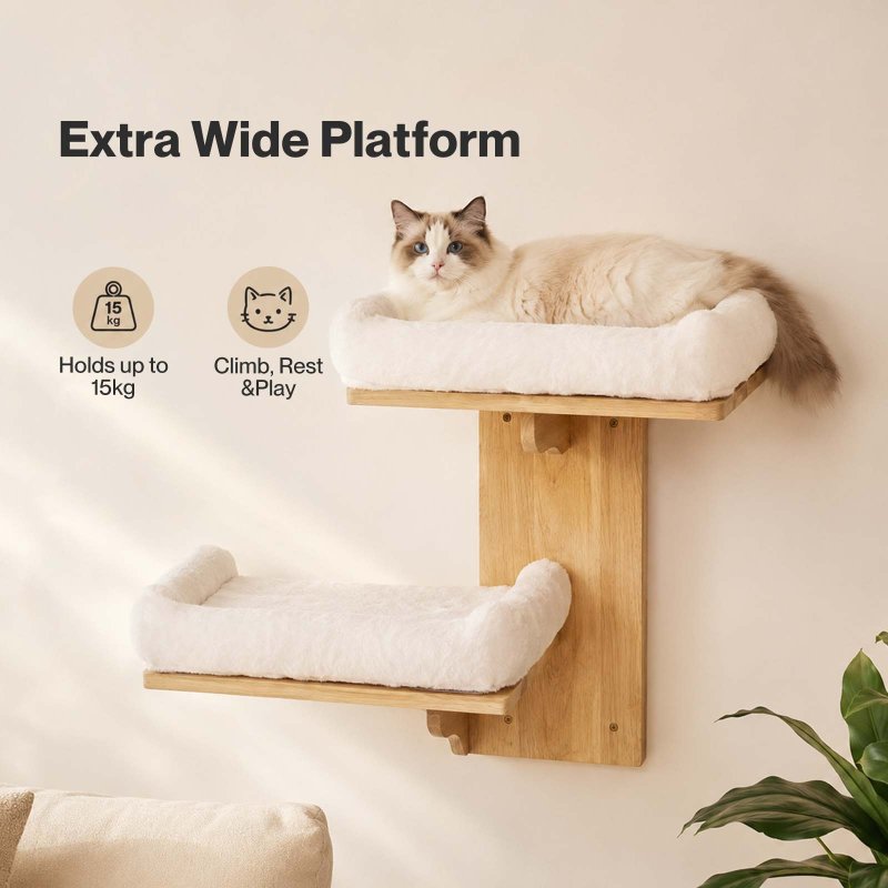 Skylos Cat Wall Shelves 2 Platform Steps Rubber Wood for Cat Climbing White