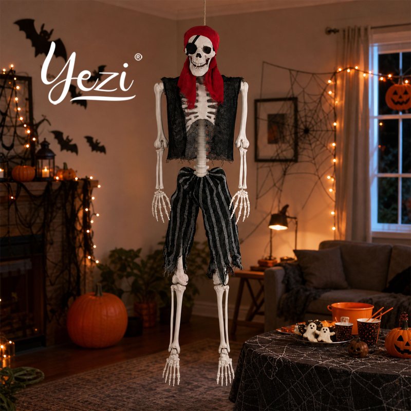 Yezi Halloween Skeleton Life Size Pirate Decor 166cm PE Plastic White