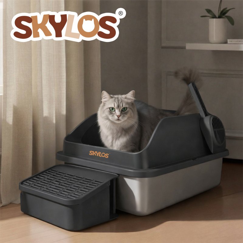Skylos Stainless Steel Cat Litter Box Big Cats Kitten High Sided Easy Clean Grey