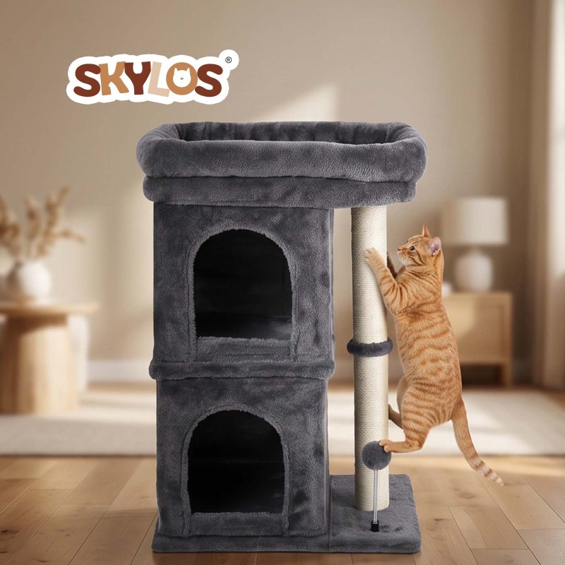 Skylos Cat Tree with Scratching Sisal Post Large Top Perch 2 Condos Dark Grey
