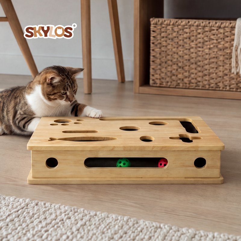 Skylos Cat Nail File Scratcher Large Solid Wood with Toy Balls for Indoor Cats