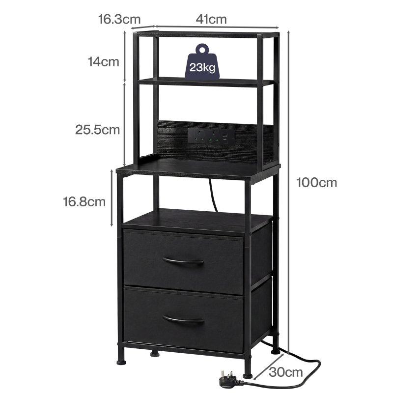 Levede Bedside Table with Charging Station,LED Light 2 Drawers Storage Black