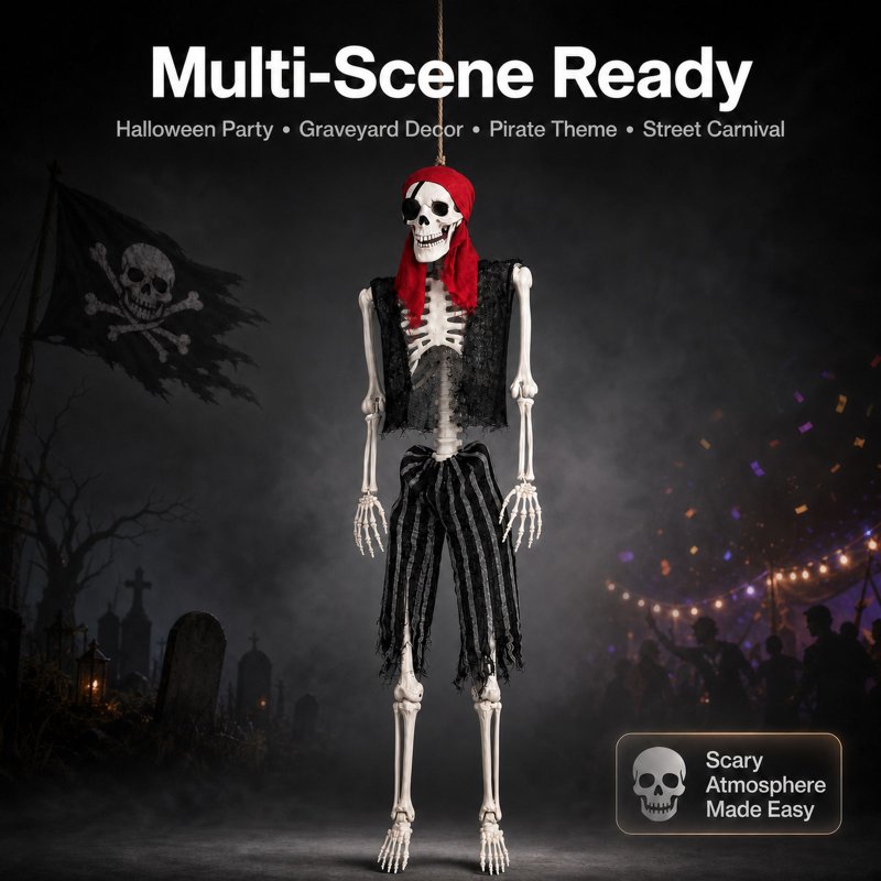 Yezi Halloween Skeleton Life Size Pirate Decor 166cm PE Plastic White