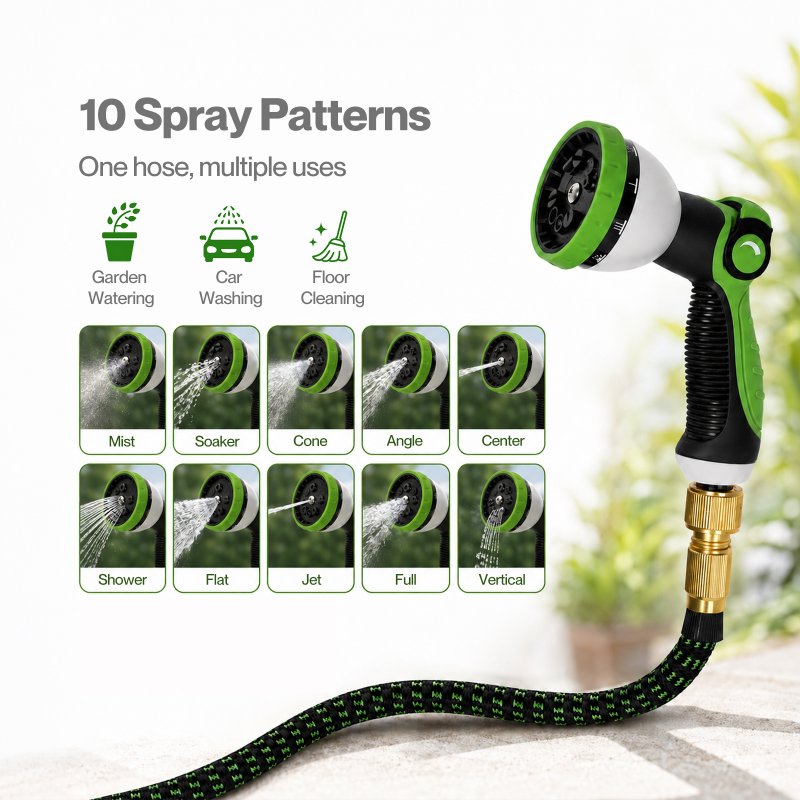 Traderight Expandable Garden Hose 5m to 15m 10-Pattern Nozzle Kink-Free Green