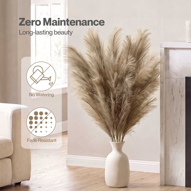 Santaco Pampas Grass Artificial 3Pcs 116cm Handcrafted Faux Silk Vase Brown