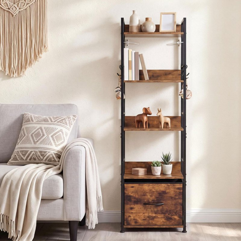 Levede Bookcase Drawer 5 Tier Slim Book Shelf Storage Unit Living Room Brown