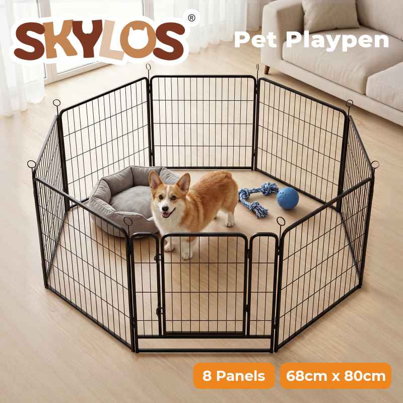 Skylos Dog Pen 8 Panel Steel Playpen Foldable Indoor Outdoor Pet Enclosure Black