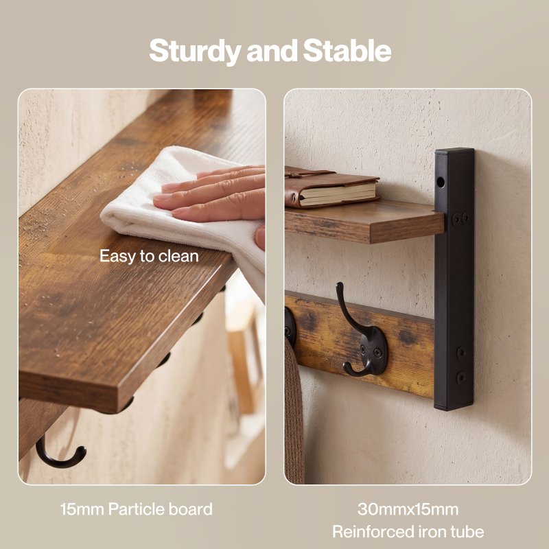 Levede Coat Rack Wall Mounted Wooden Hooks Hangers Storage Shelf 2 Pack Brown