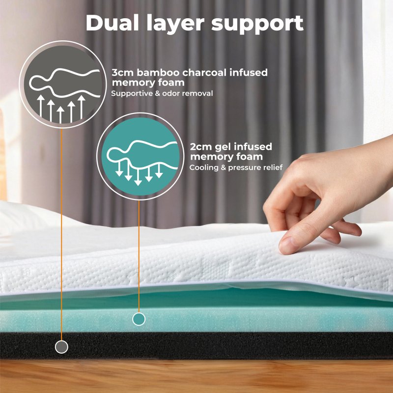 Lavio King Mattress Topper Memory Foam 5cm Bamboo Charcoal Washable Non Slip