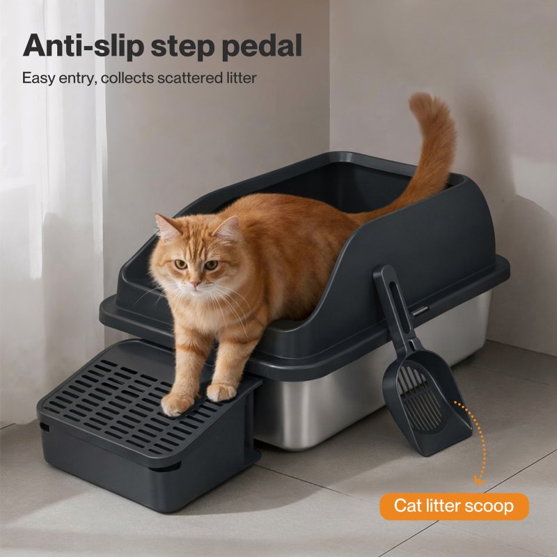 Skylos Stainless Steel Cat Litter Box Big Cats Kitten High Sided Easy Clean Grey