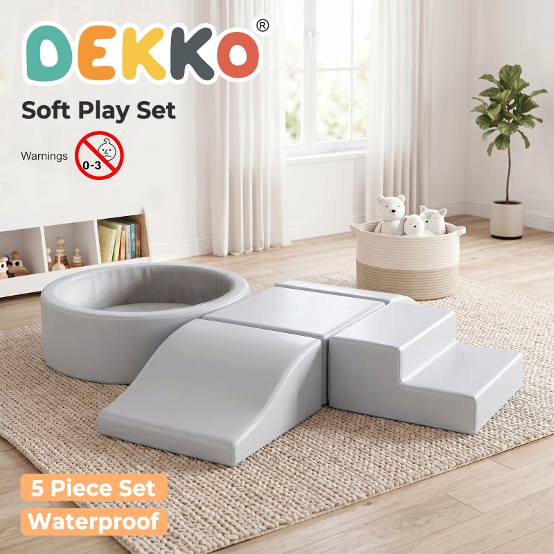Dekko Soft Play Set 5Pc PU Leather Foam Blocks Baby Climbing Sliding Indoor Grey