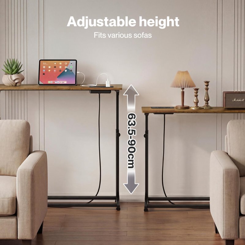 Levede Console Table Slim Height Adjustable with Outlets for Entryway Sofa Black