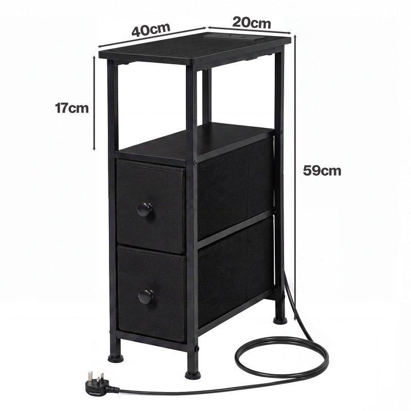 Levede Bedside Table Narrow Side Table with LED Charging Station Storage Black