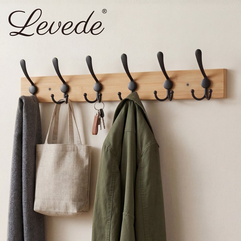 Levede Coat Rack Wall Mounted 6 Triple Hooks Holds Coats & Bags, Hallway Bamboo