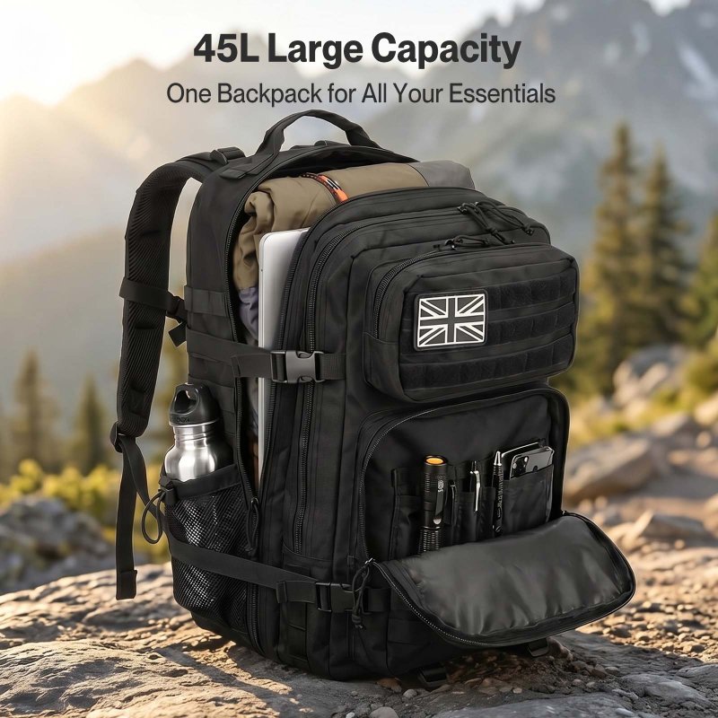 Swifto Military Backpack 45L, Tactical Backpack, 900D Oxford, Black